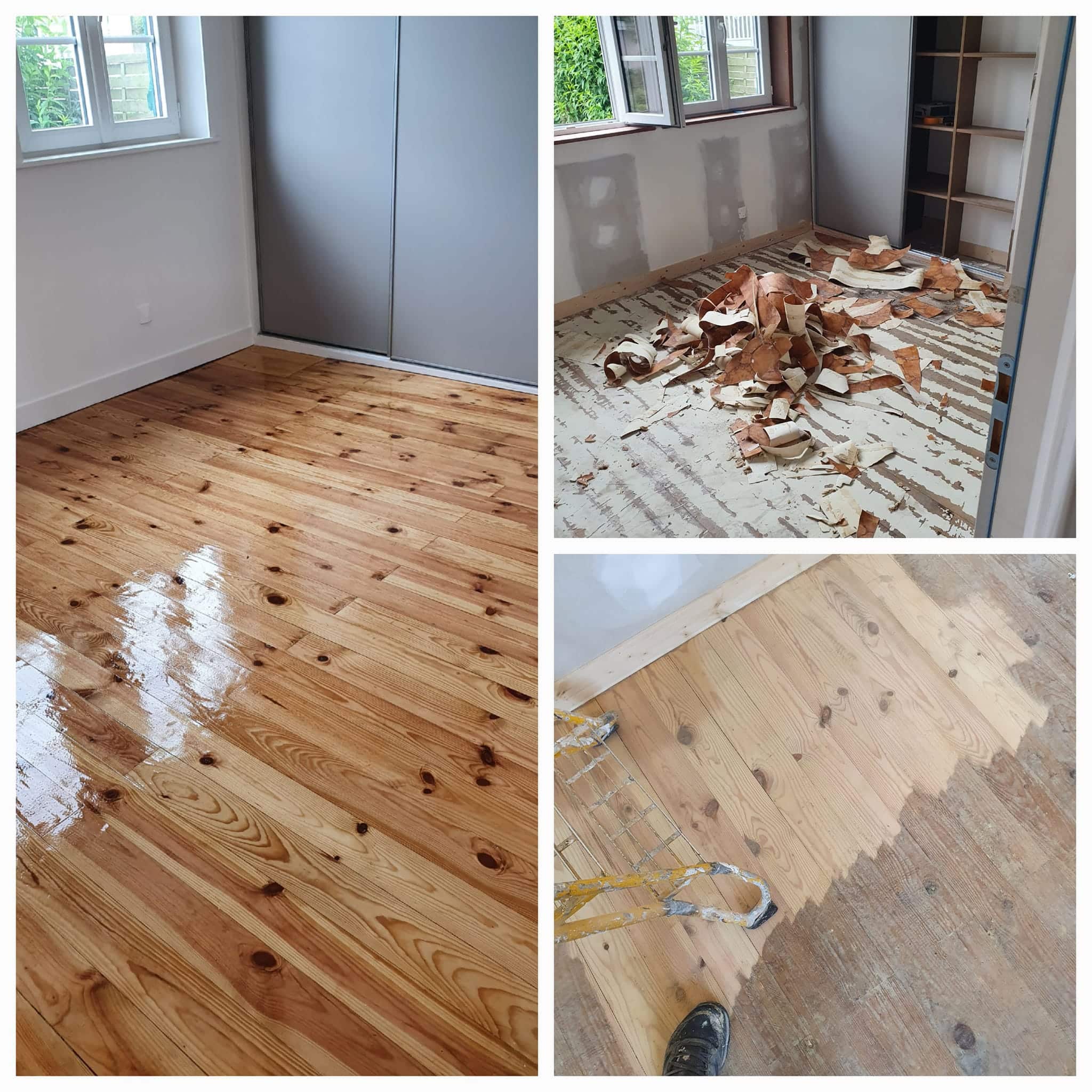 Ponçage et vitrification d'un parquet en pin - Peinture S.L