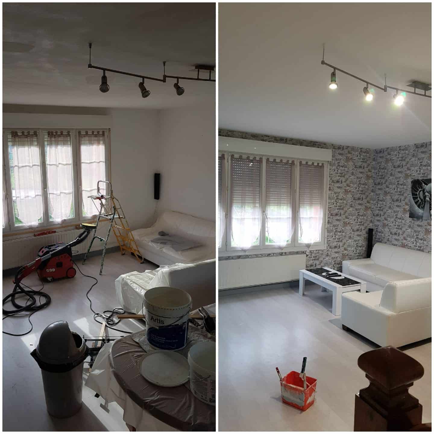 Avant-après pose de papier peint décoratif dans un salon - Peinture S.L