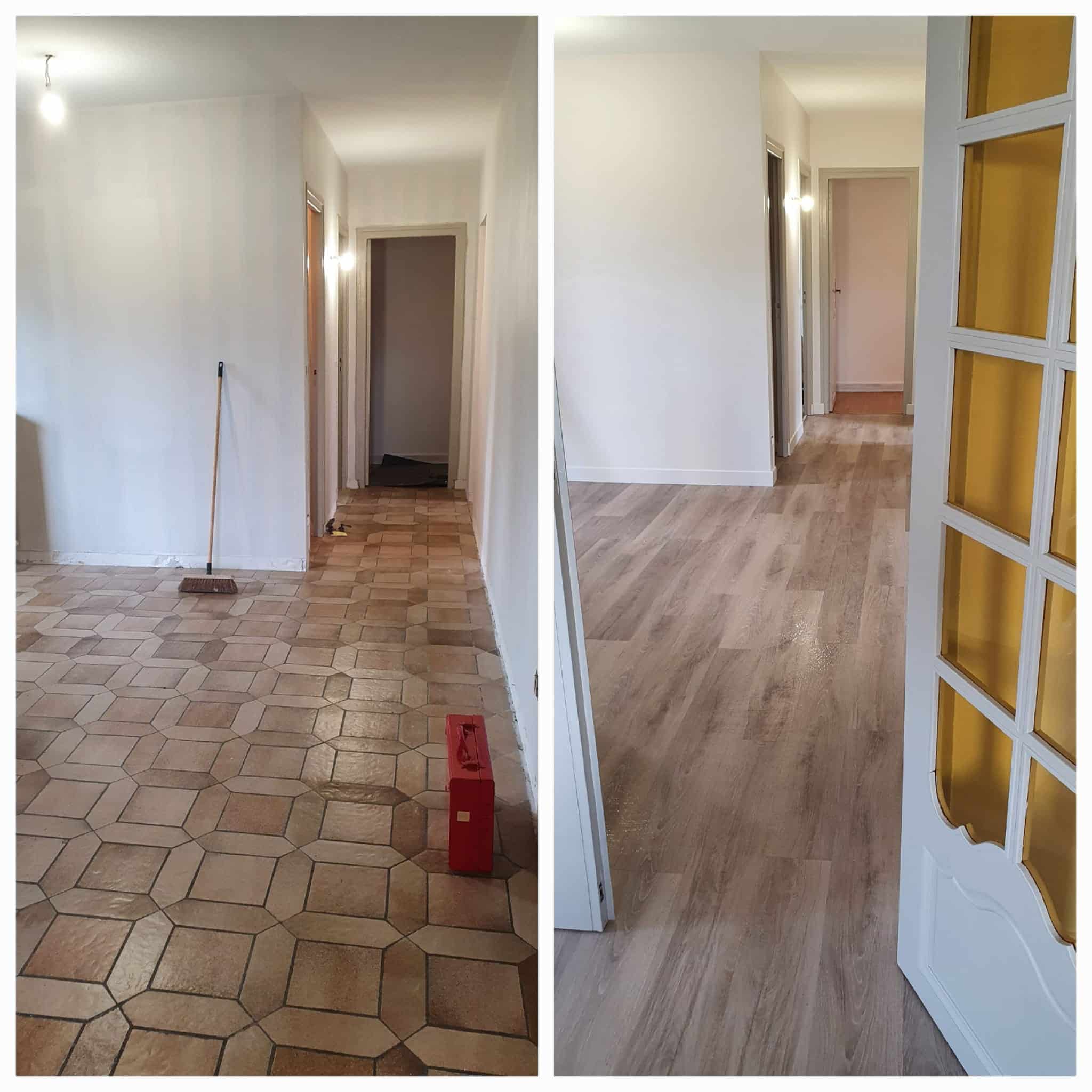Avant-après remplacement d'un carrelage par un sol stratifié - Peinture S.L